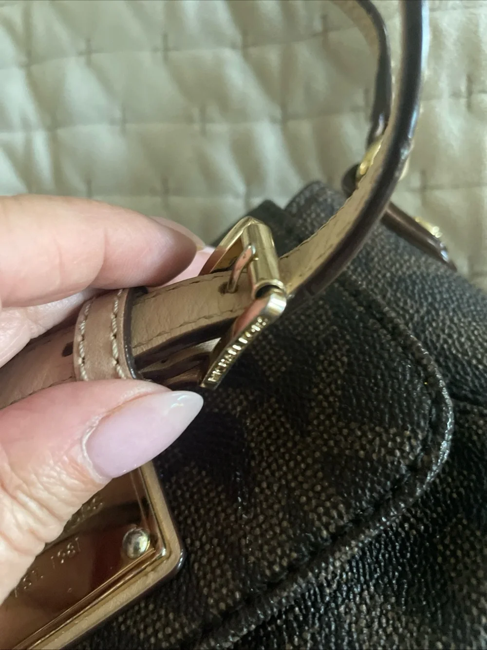 Michael Kors Brown Logo Crossbody with Pale tan Strap and Gold Plaque